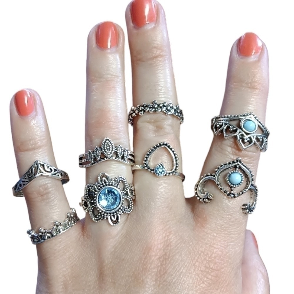 8pc Silver Blue Gothic‎ Ring Set Bohemian Fairycore Victorian Fantasy Jewelry